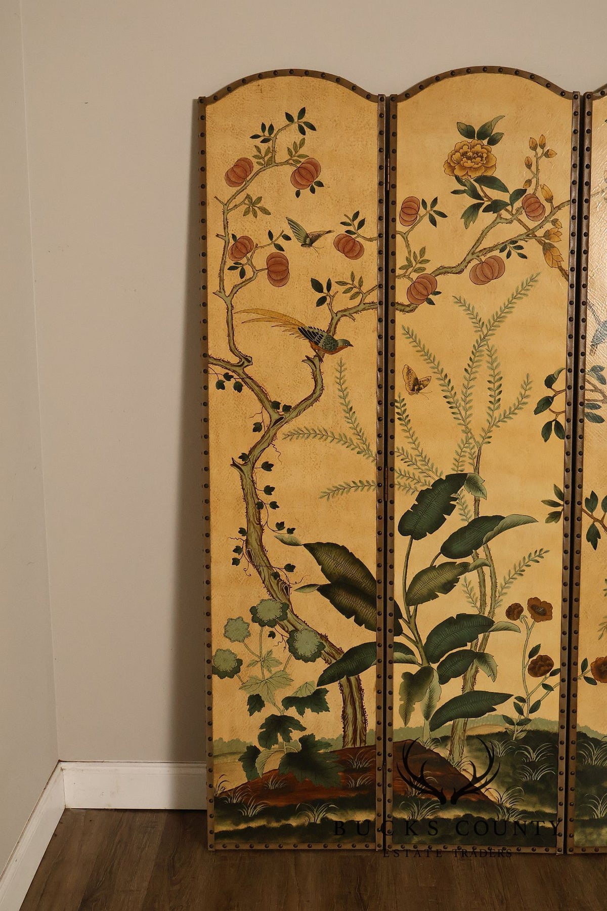 Decorative Crafts Chinoiserie Style Four Panel Hand-Painted Folding Screen