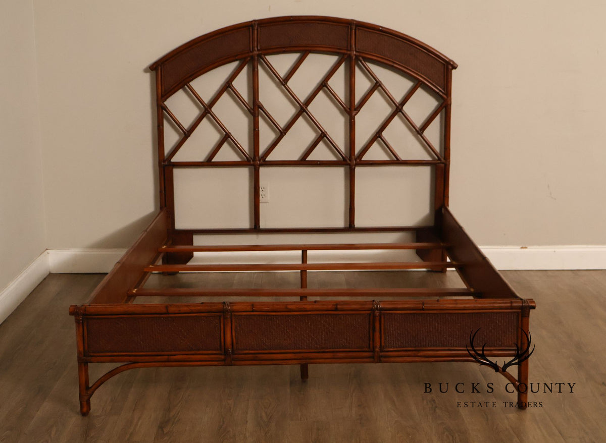 Chinese Chippendale Style Faux Bamboo and Rattan Queen Bed Frame