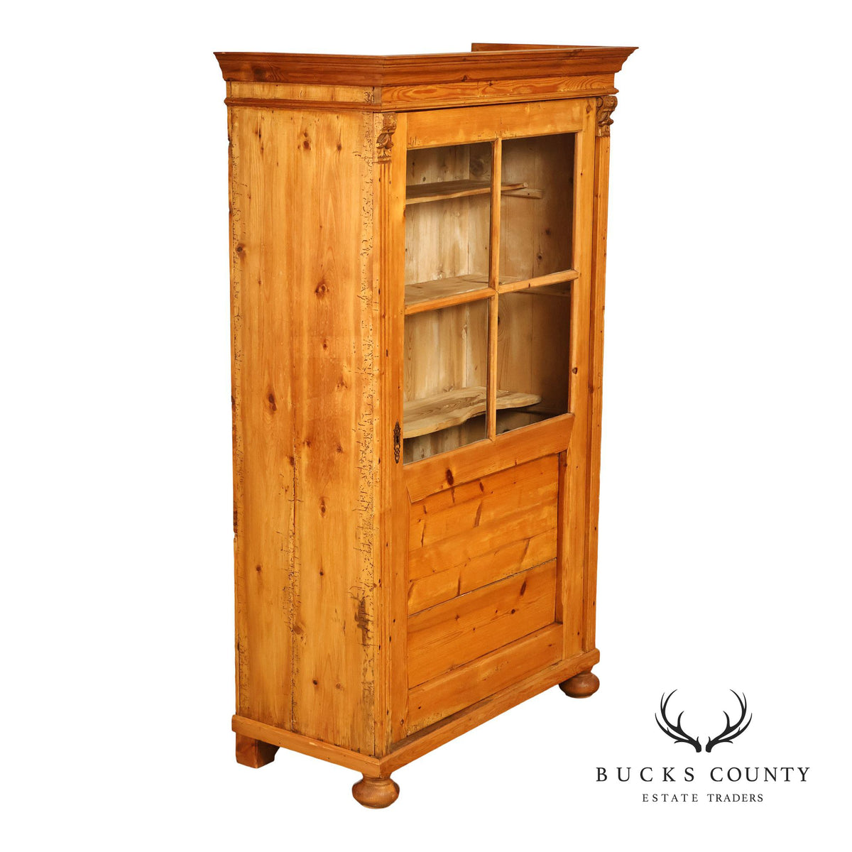 European Country Pine Glass Door Display Cabinet