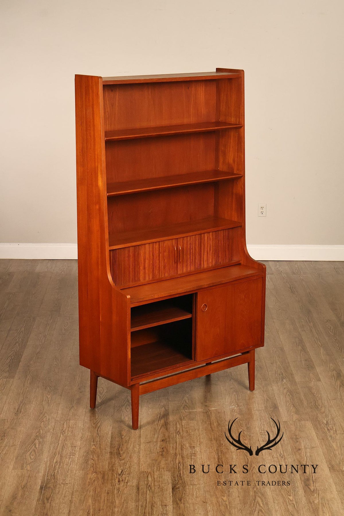 Johannes Sorth for Bornholm Mobelfabrik Danish Teak Tambour Door Secretary Desk Bookcase