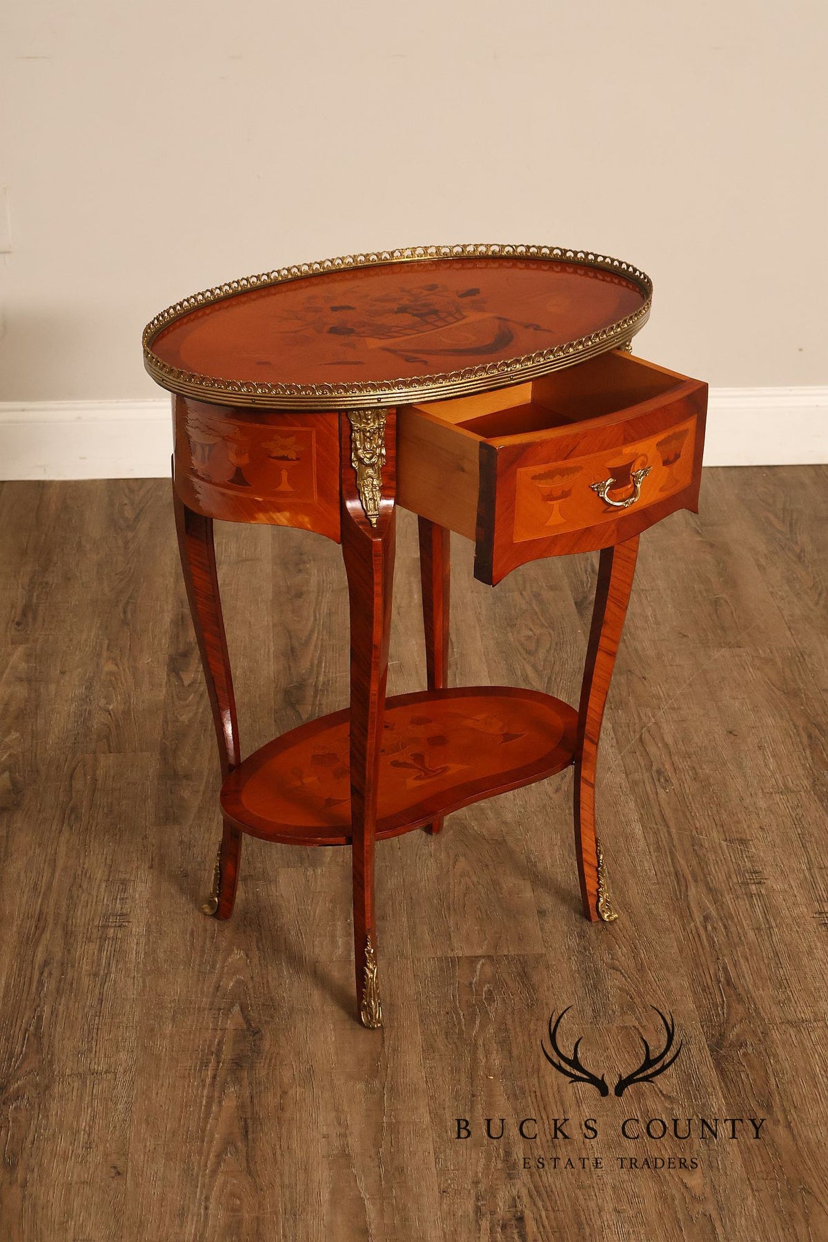 French Louis XVI Style Inlaid Oval Accent Table With Ormolu Mounts