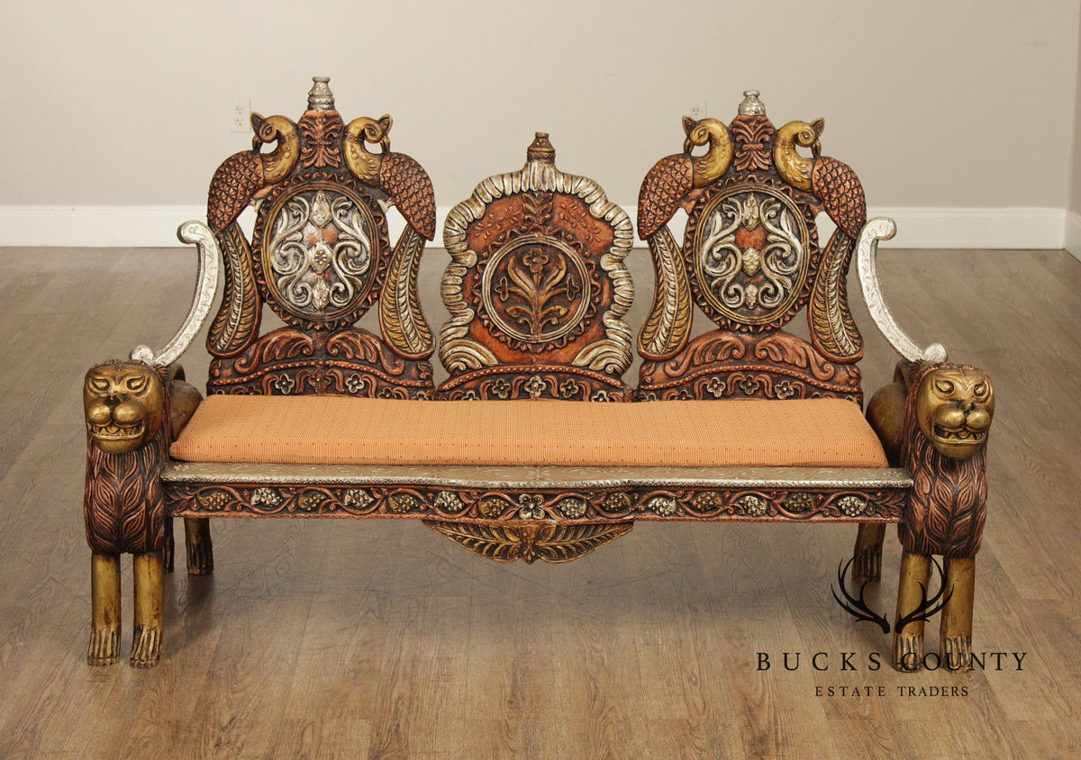 Hand Carved Painted And Gilt Lion And Peacock Motif Settee