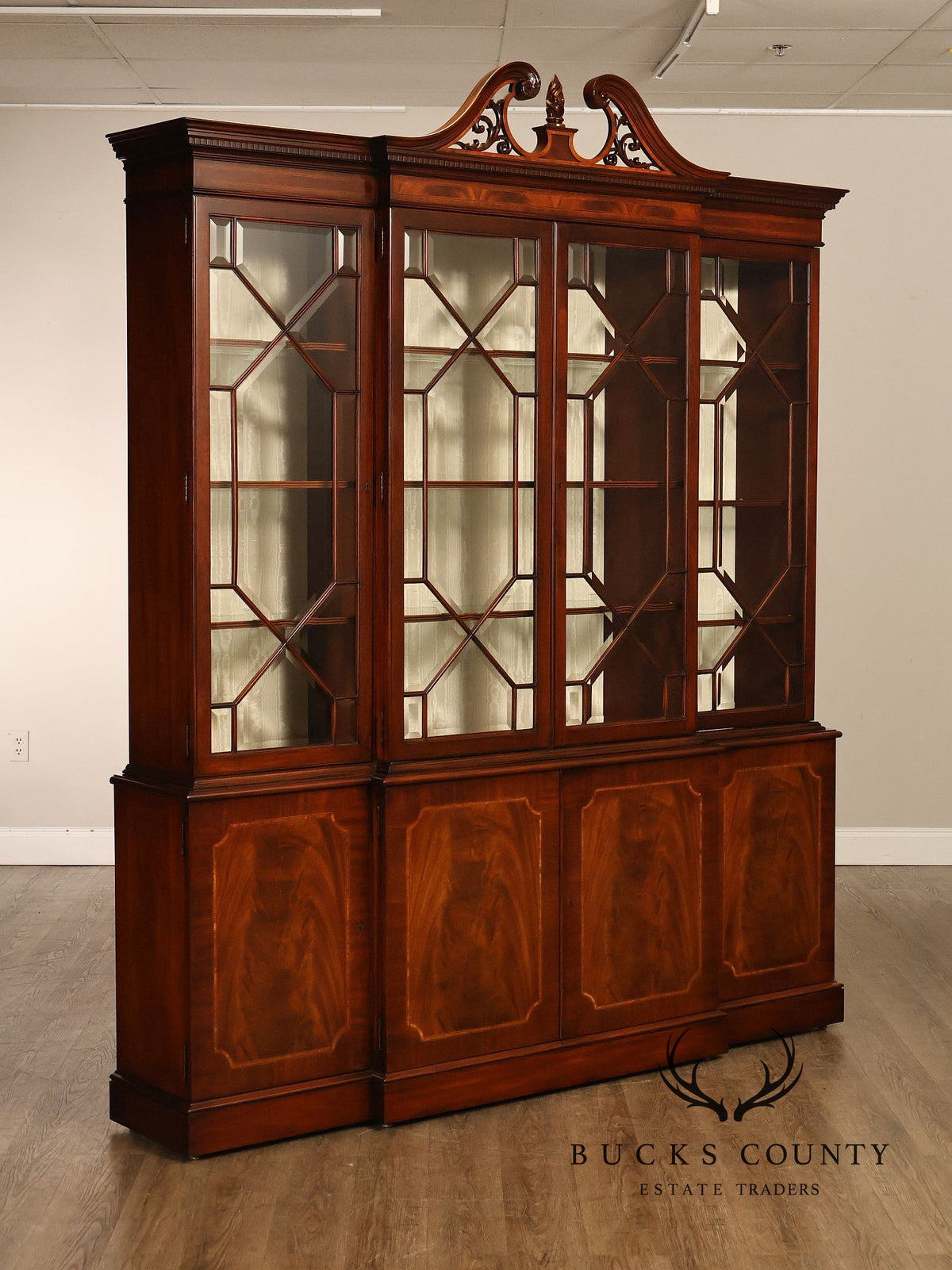 Karges English Style Mahogany Breakfront China Cabinet Display Bookcase with Carved Pediment and Silk Backing