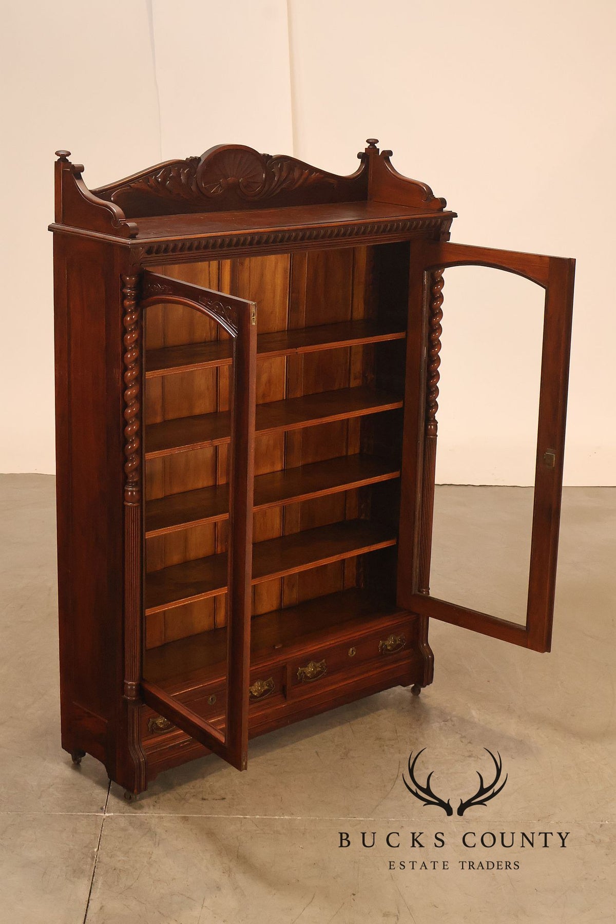 Antique Victorian Carved Walnut and Glass Bookcase