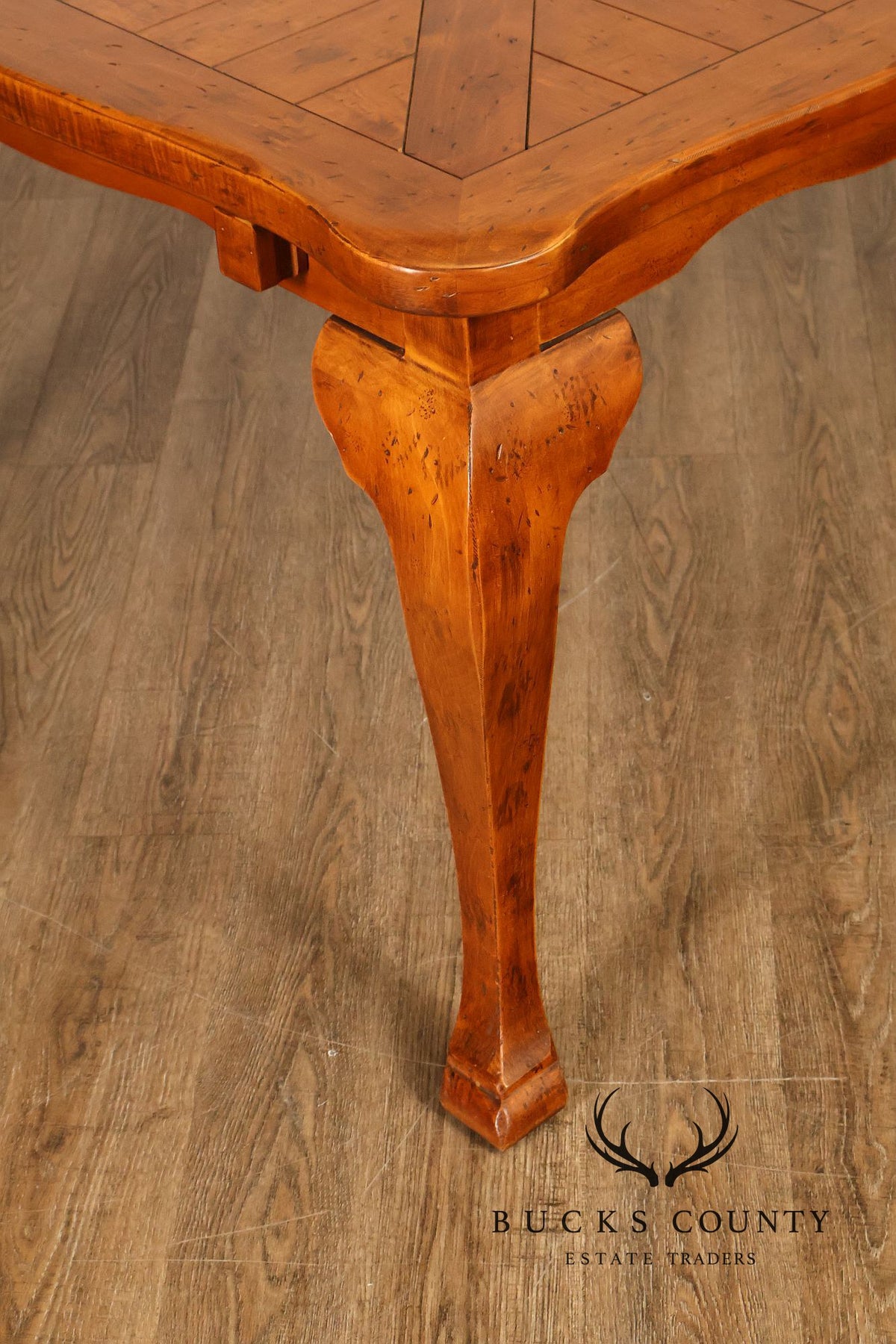 French Provincial Style Parquetry Top Dining Table with Scalloped Apron and Cabriole Legs