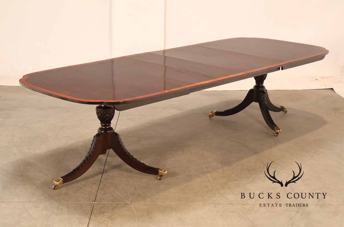 Stickley Mahogany Double Pedestal Dining Table with Inlay Banding
