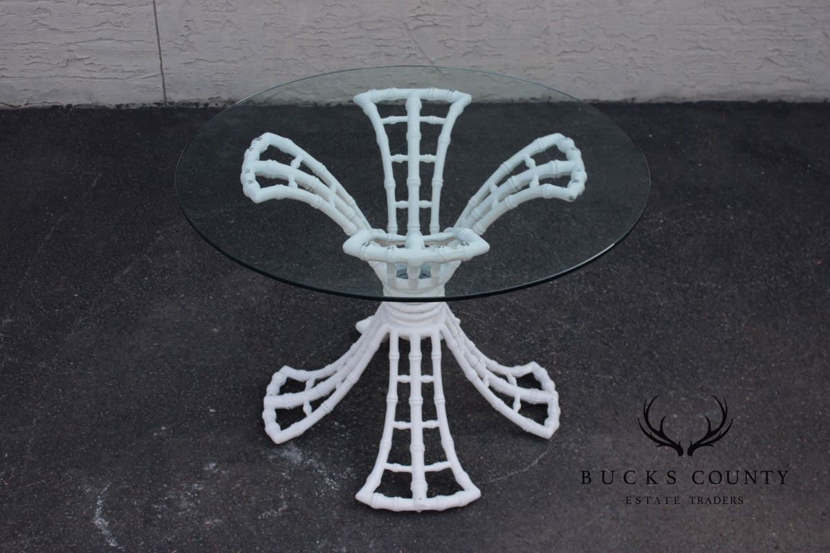 Hollywood Regency Cast Aluminum Faux Bamboo Round Glass Top Patio Table