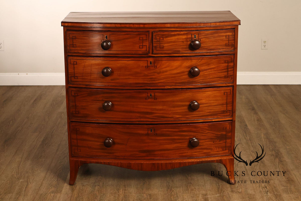 Antique English Sheraton Style Inlaid Bow Front Chest Of Drawers