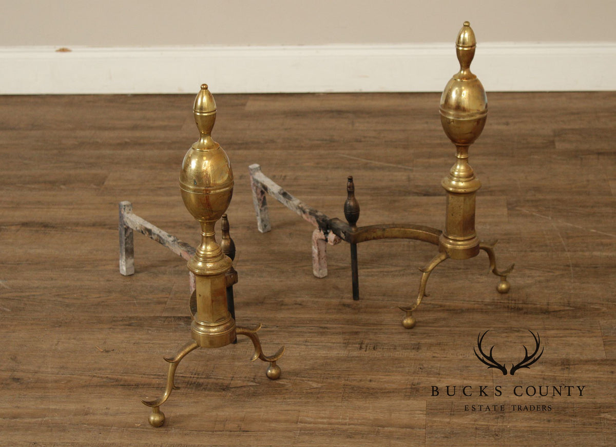 Vintage Federal Style Pair of Brass Andirons