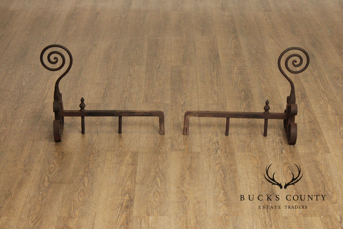 Antique Pair of Hand Forged of Fireplace Andirons
