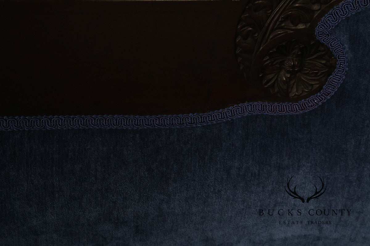 Antique American Empire Mahogany Carved Swan Arm Sofa With Blue Upholstery