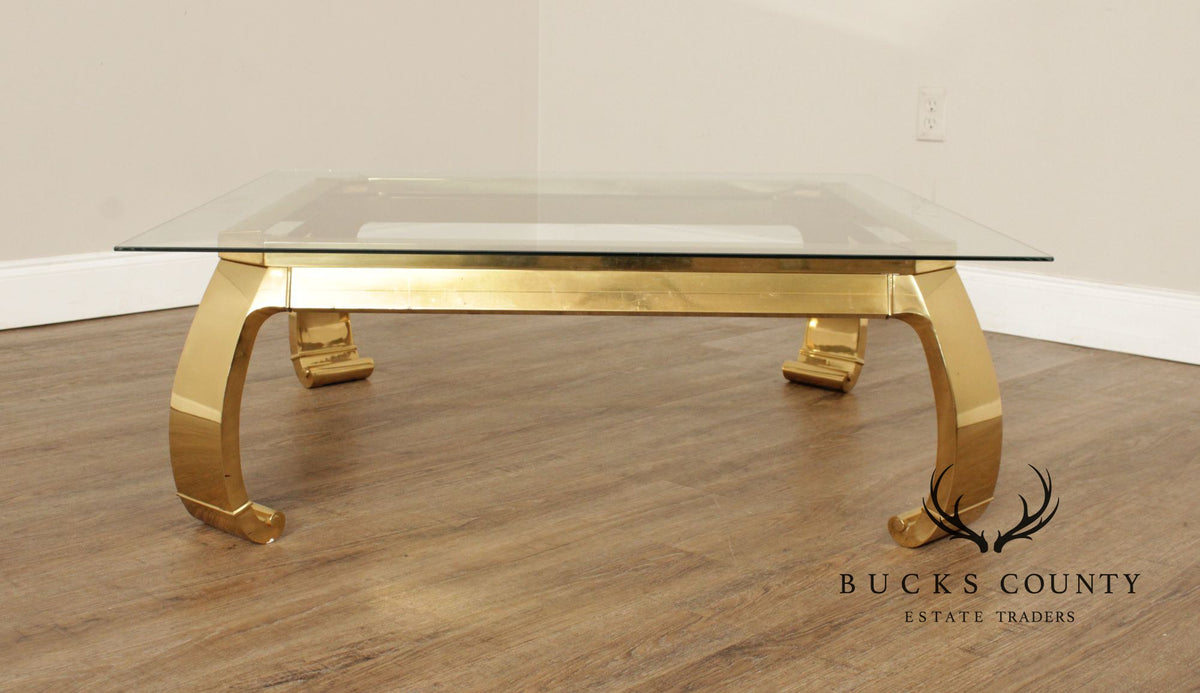 Mastercraft Attributed Hollywood Regency Asian Inspired Brass and Glass Coffee Table