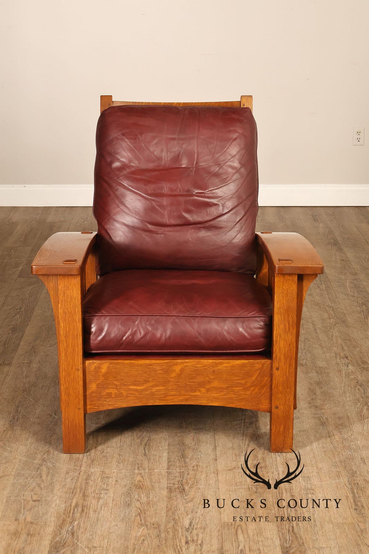 Stickley Mission Collection Oak And Leather Bow Arm Morris Chair