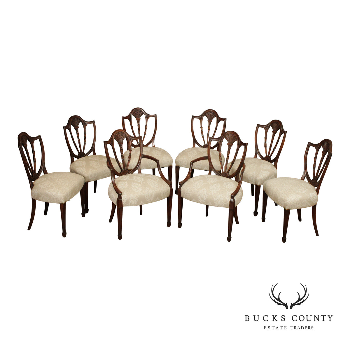 Hepplewhite Style Custom Quality Set Of Eight Carved Shield Back Dining Chairs