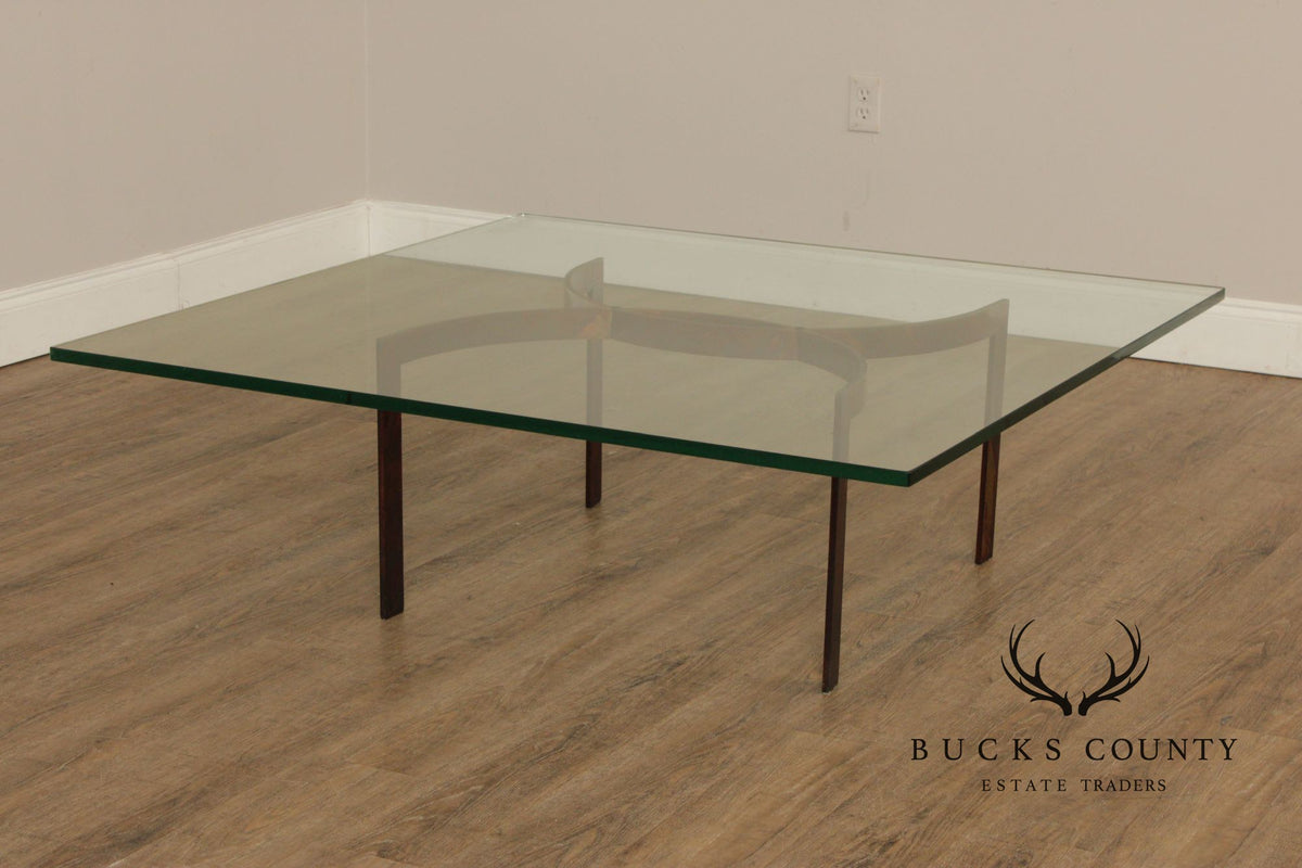 Brutalist Square Glass Top Steel Base Coffee Table