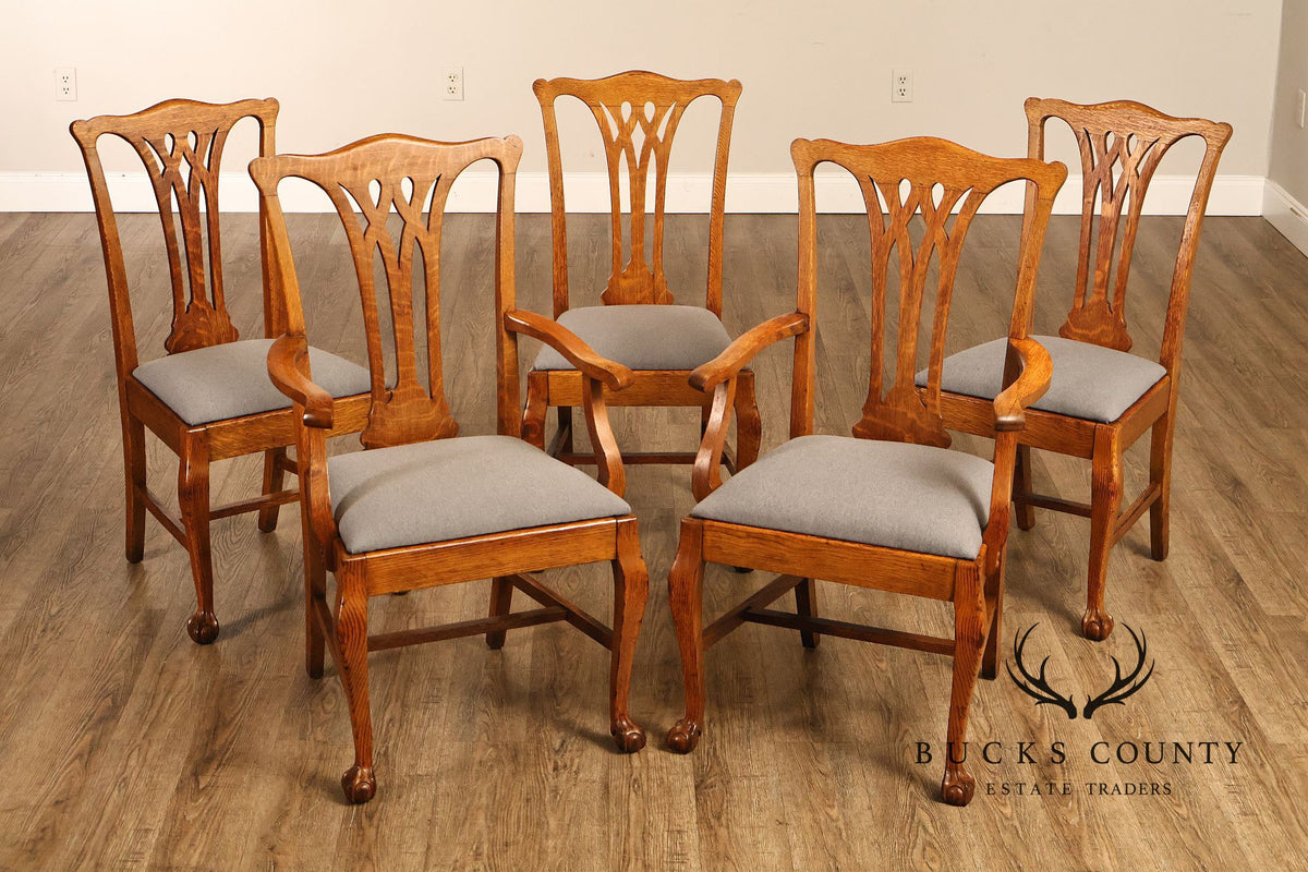 Renaissance Revival Set of Five Carved Oak Dining Chairs