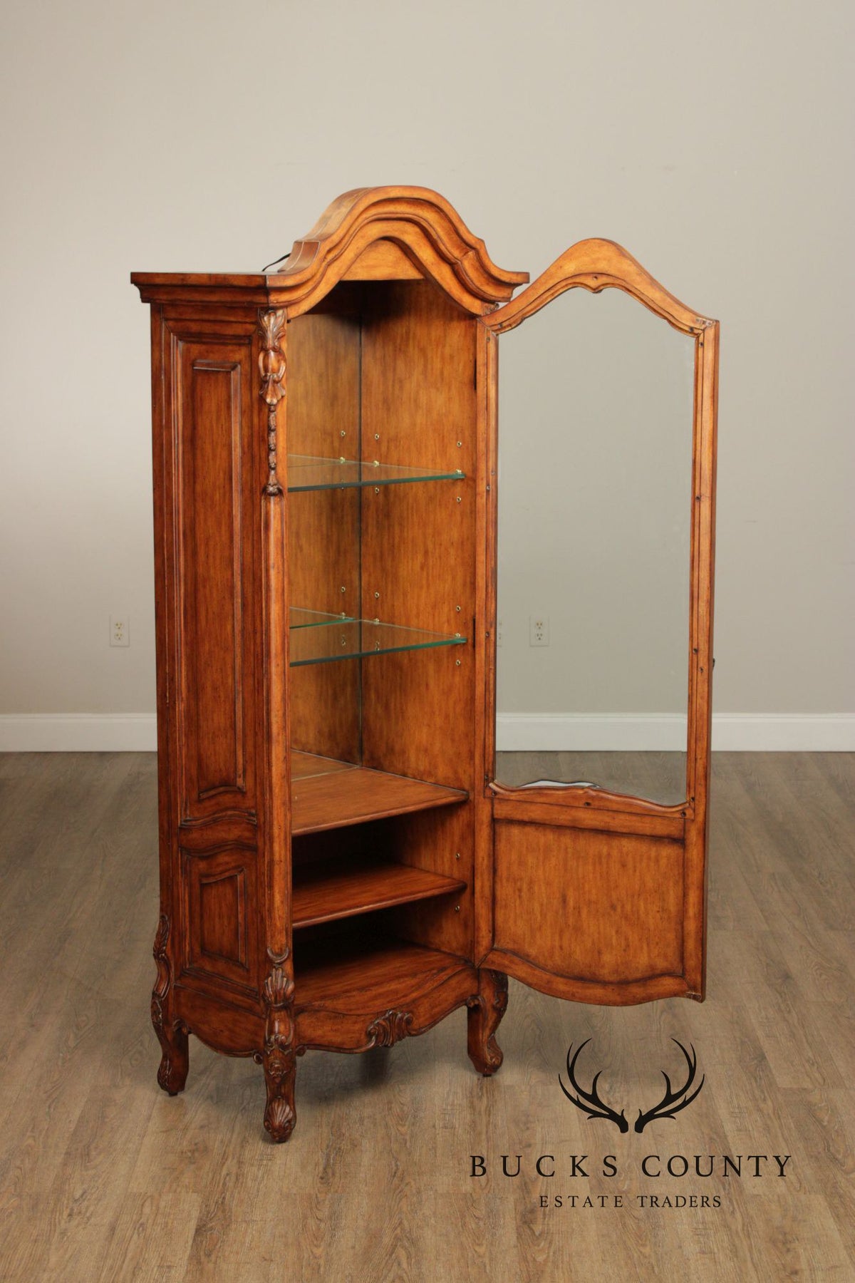 French Provincial Style Carved Wood Lighted Curio Display Cabinet