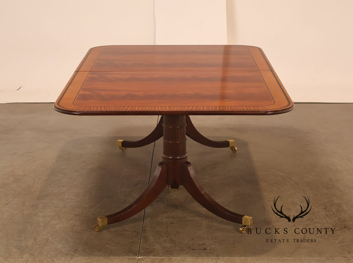 Baker Furniture Mahogany Banded Double Pedestal Extension Dining Table With Three Leaves