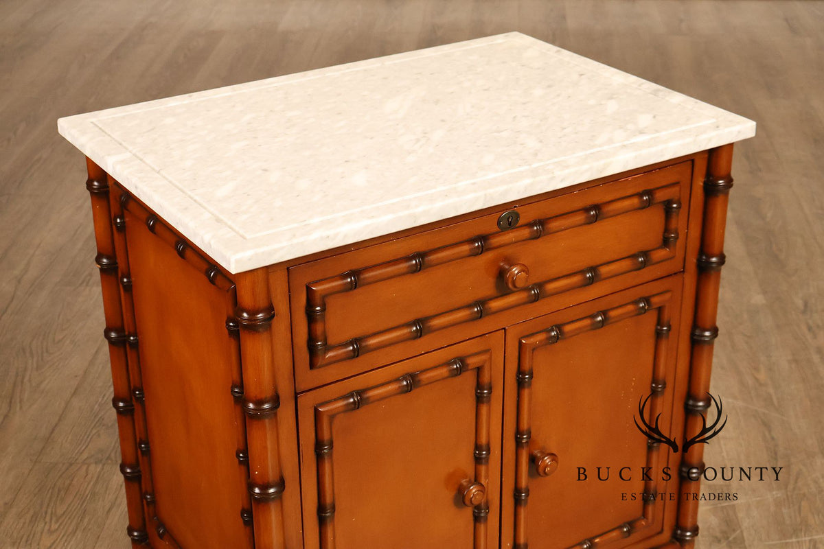 Williams Sonoma Pair of Marble Top Faux Bamboo Nightstands