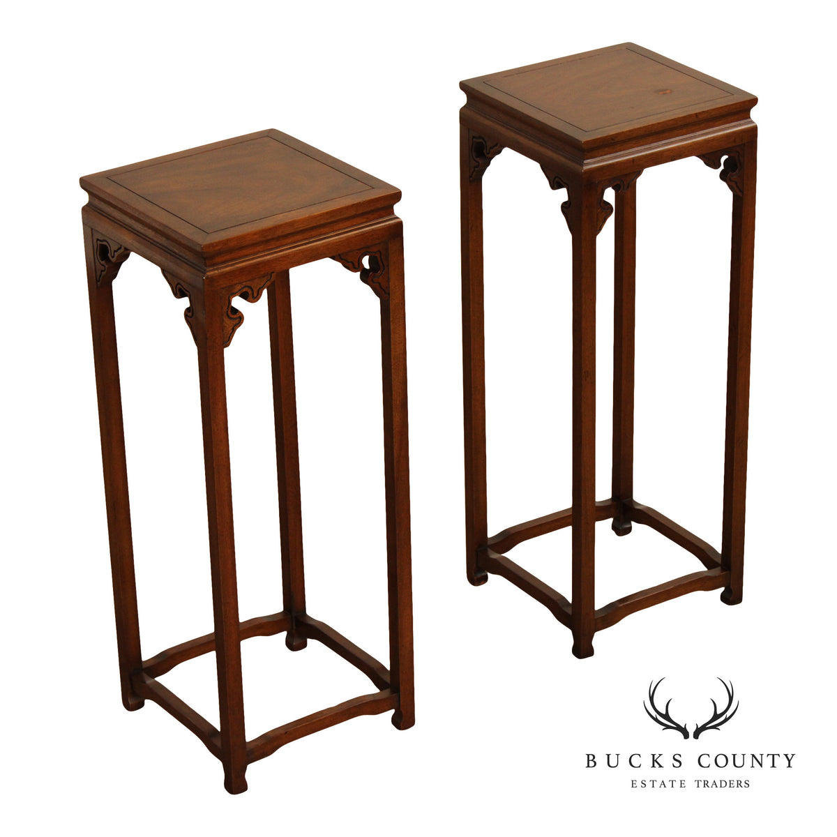 Baker Asian Inspired Pair of Mahogany Pedestal Plant Stands