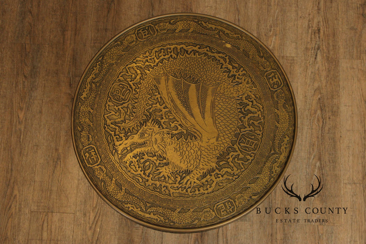 Chinese Style Bronze Top And Wood Base Accent Table With Dragon Motif