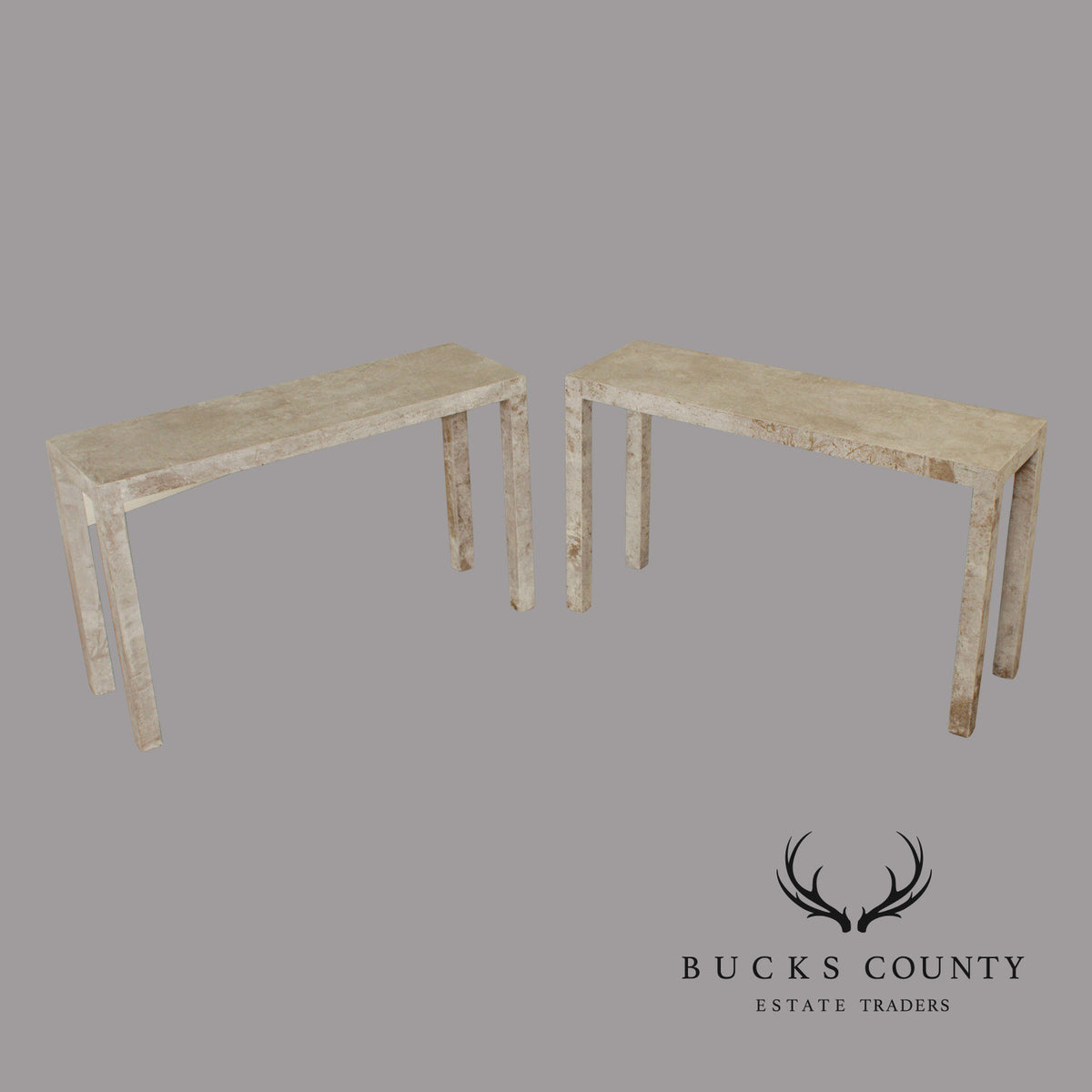 Mid Century Modern Cerused Painted Pair Of Burl Wood Parsons Console Tables