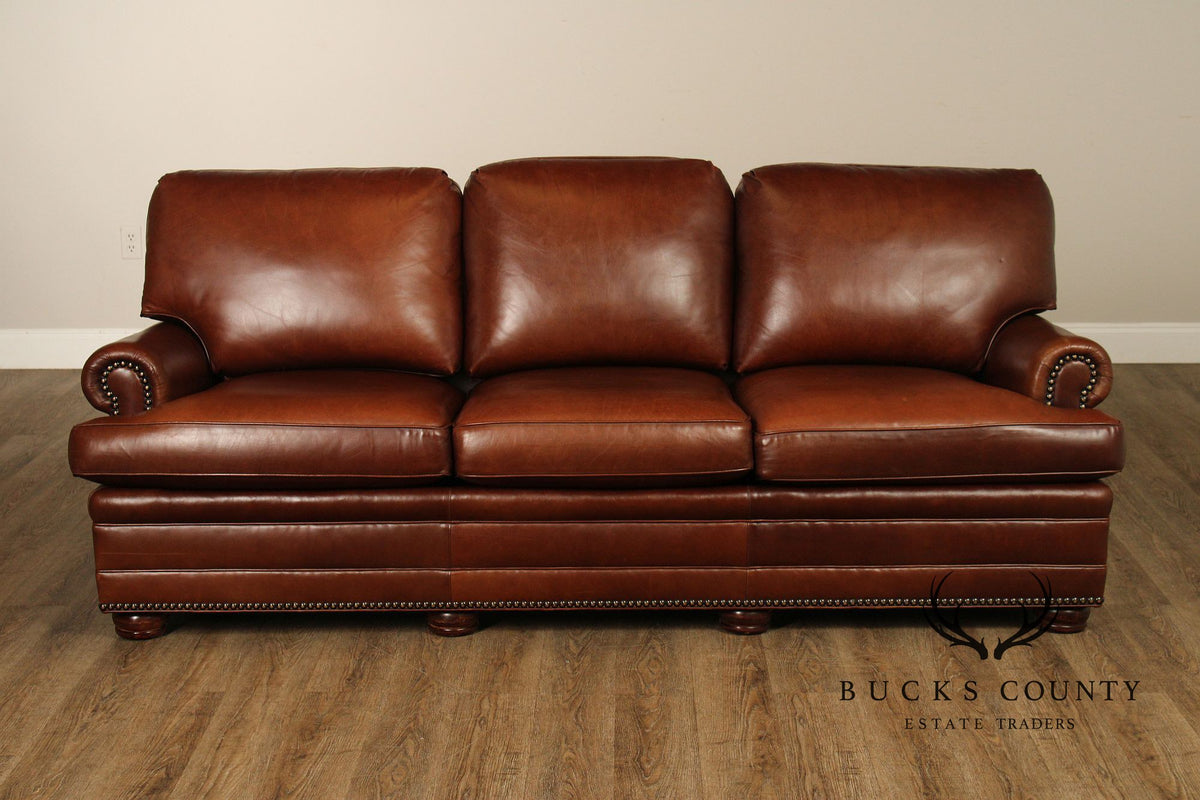 HANCOCK & MOORE ENGLISH TRADITIONAL STYLE BROWN LEATHER SOFA