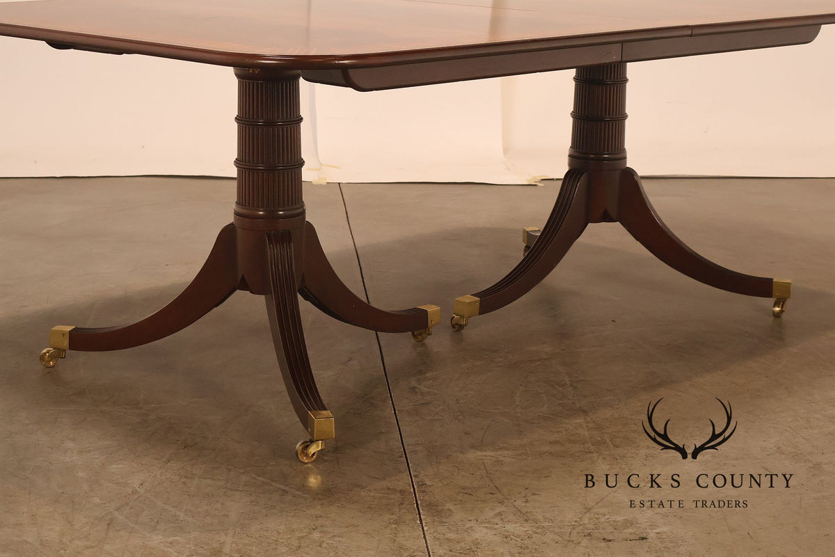 Baker Furniture Mahogany Banded Double Pedestal Extension Dining Table With Three Leaves