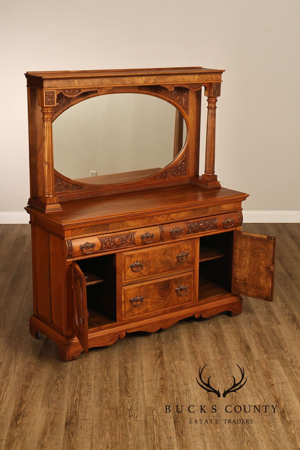 Antique Mirrored Burl Walnut Buffet Sideboard