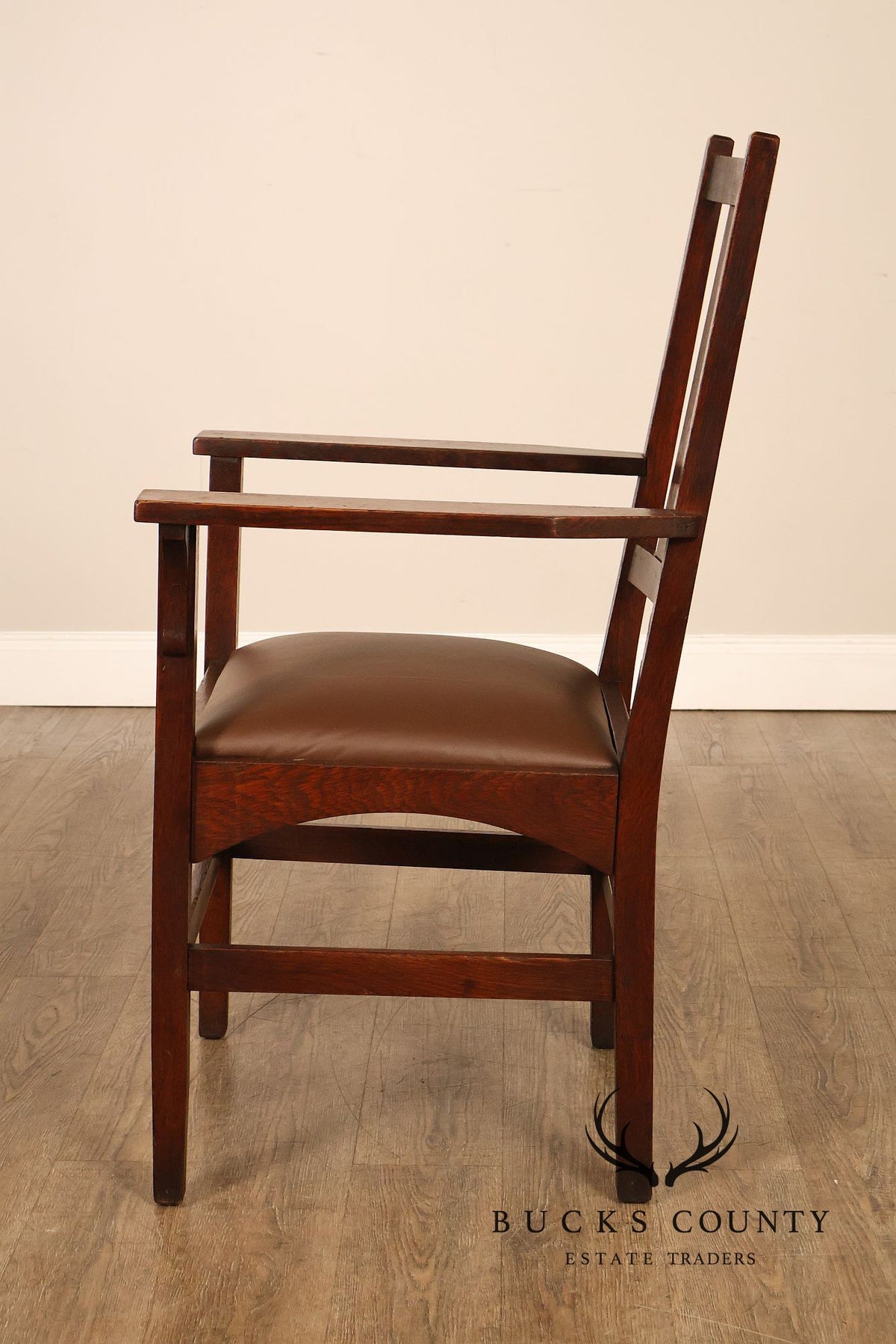 Antique Gustav Stickley Harvey Ellis Arts And Crafts Mission Oak And Leather Armchair