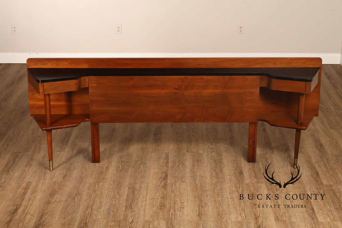 American Of Martinsville Mid-Century Modern Walnut Headboard With Black Laminate Top And Brass Feet- Full Size