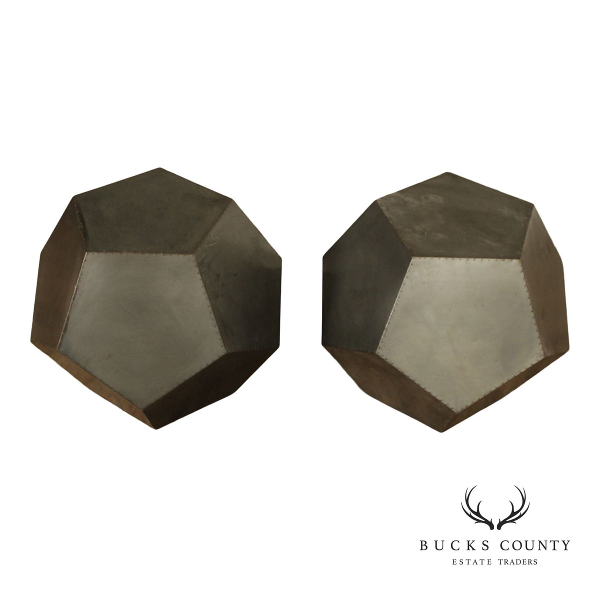 Restoration Hardware Industrial Style Zinc Polyhedron Side Tables Pair