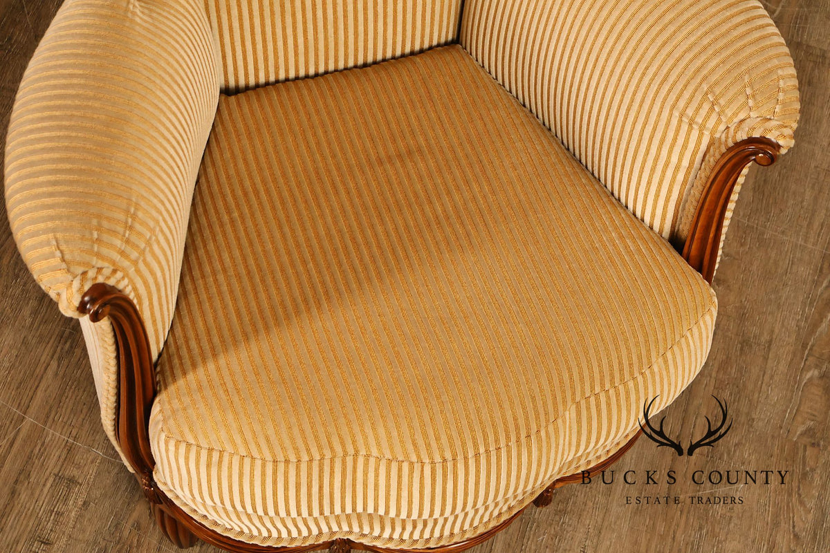 Medea Furniture Pair of Louis XVI Style Carved Bergere Armchairs With Gold Striped Velvet Upholstery