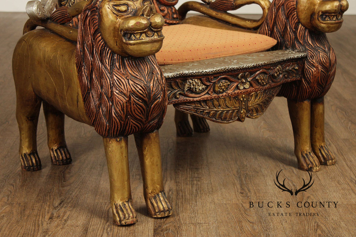Hand Carved Painted And Gilt Lion And Peacock Motif Pair Of Throne Chairs