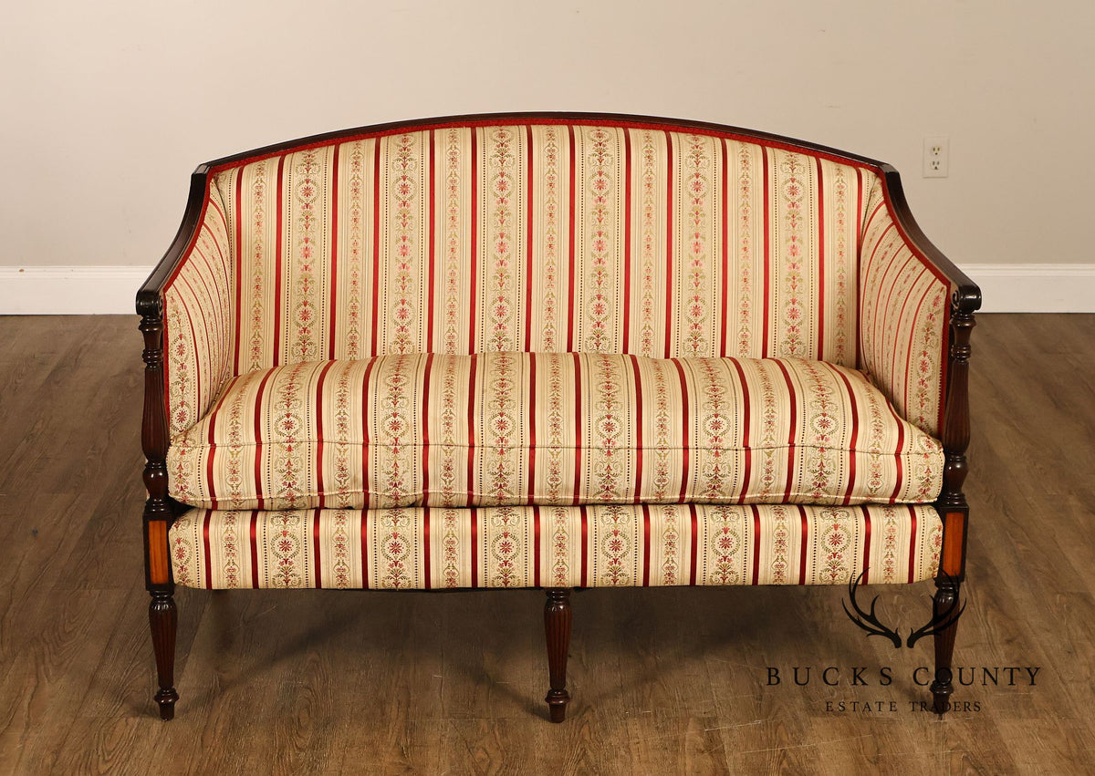 Vintage Sheraton Style Mahogany Inlaid Upholstered Loveseat
