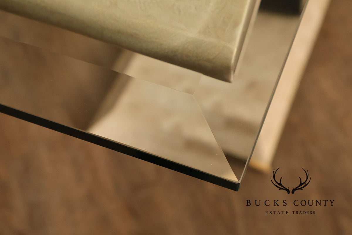 Postmodern Glass Top Travertine Console Table