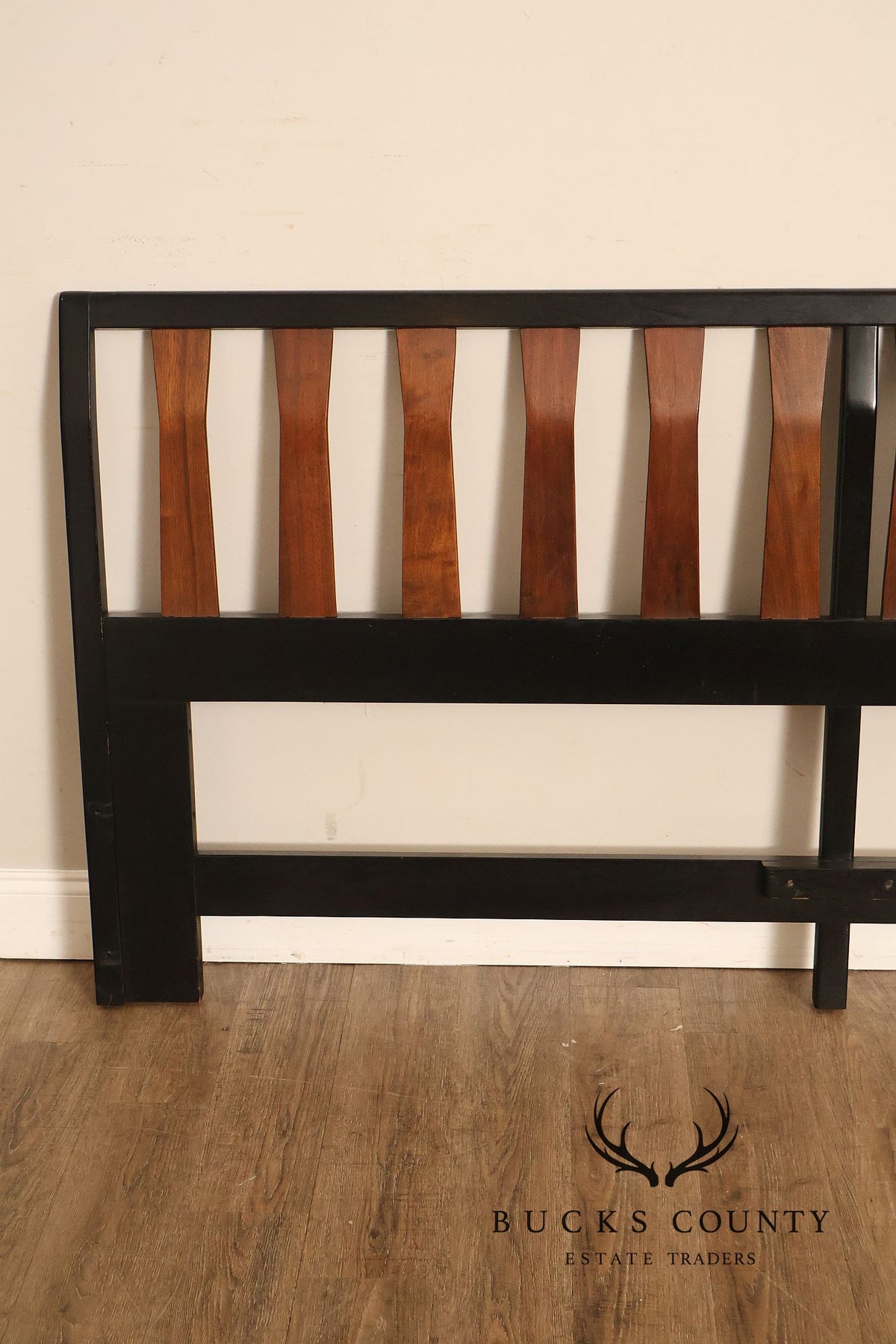 Mid Century Modern King Size Headboard with Ebony Frame and Walnut Bentwood Slats
