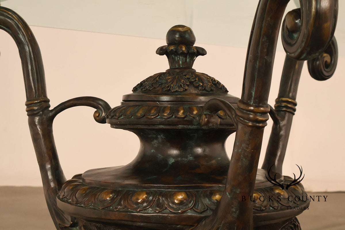 Monumental Brass Urn Form Double Pedestal Glass Top Dining Table
