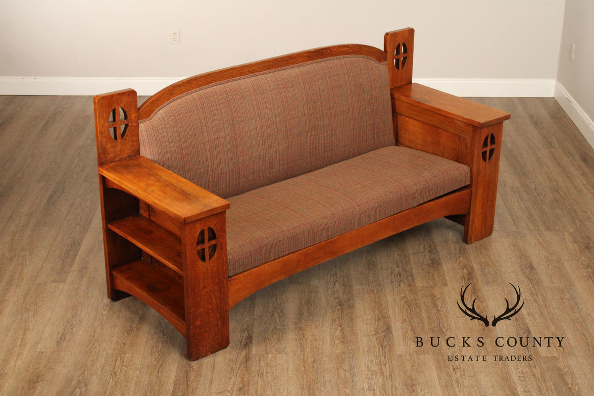 Antique Arts and Crafts Style Carved Oak Settle Sofa