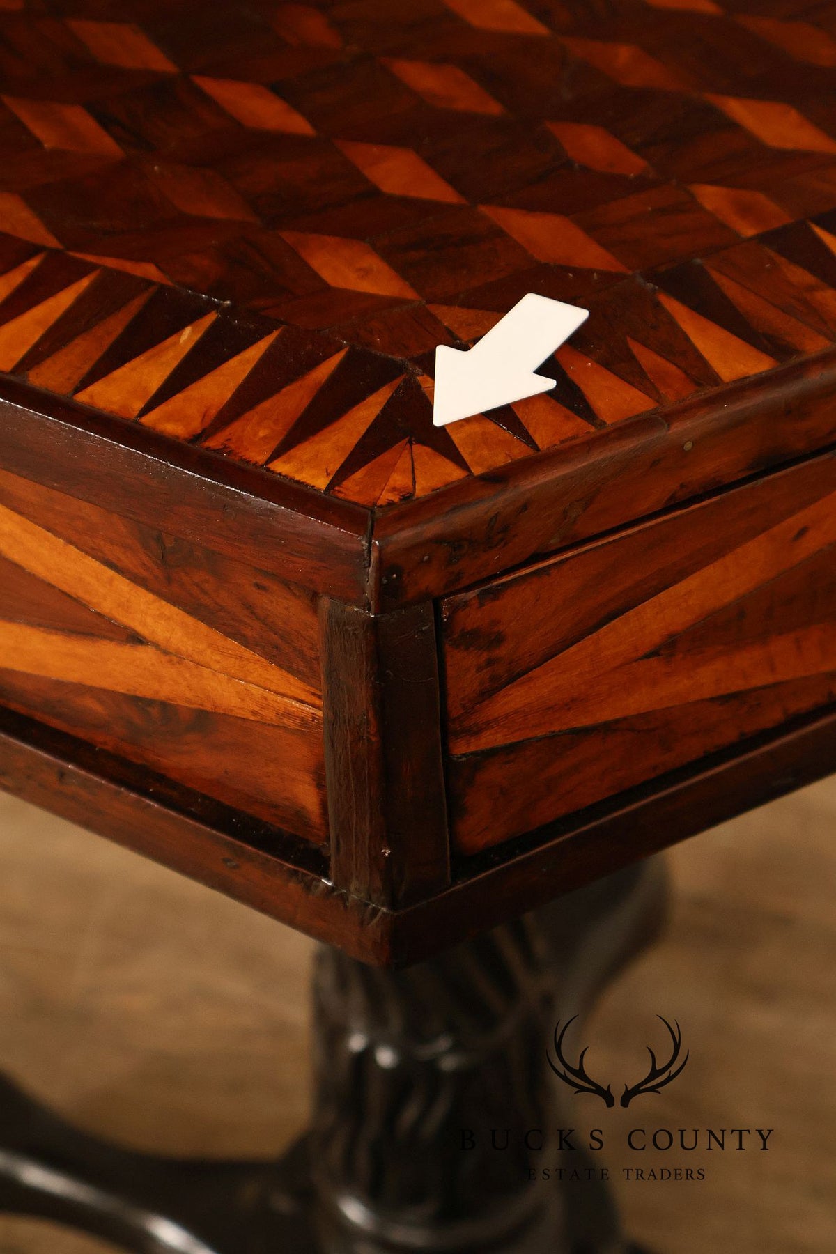 Antique British Colonial Game Table Geometric Wood Inlay
