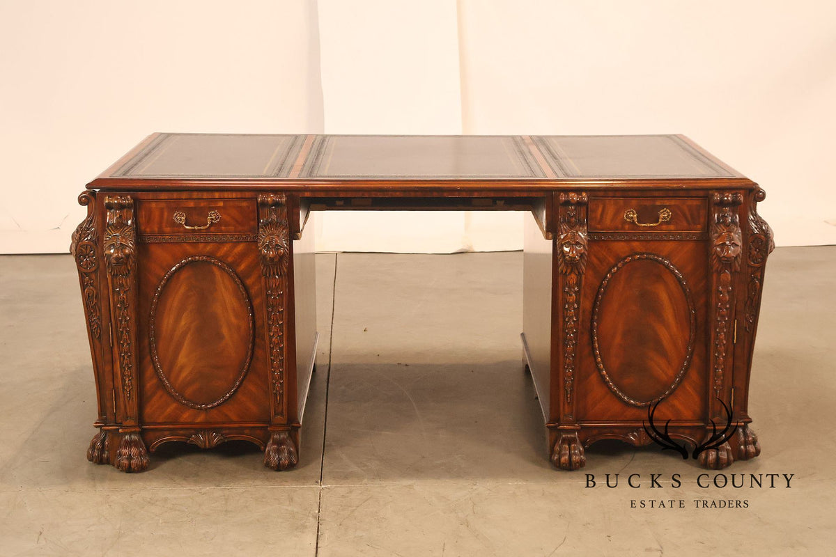 Maitland-Smith Carved Mahogany Leather Top Executive Partner's Desk