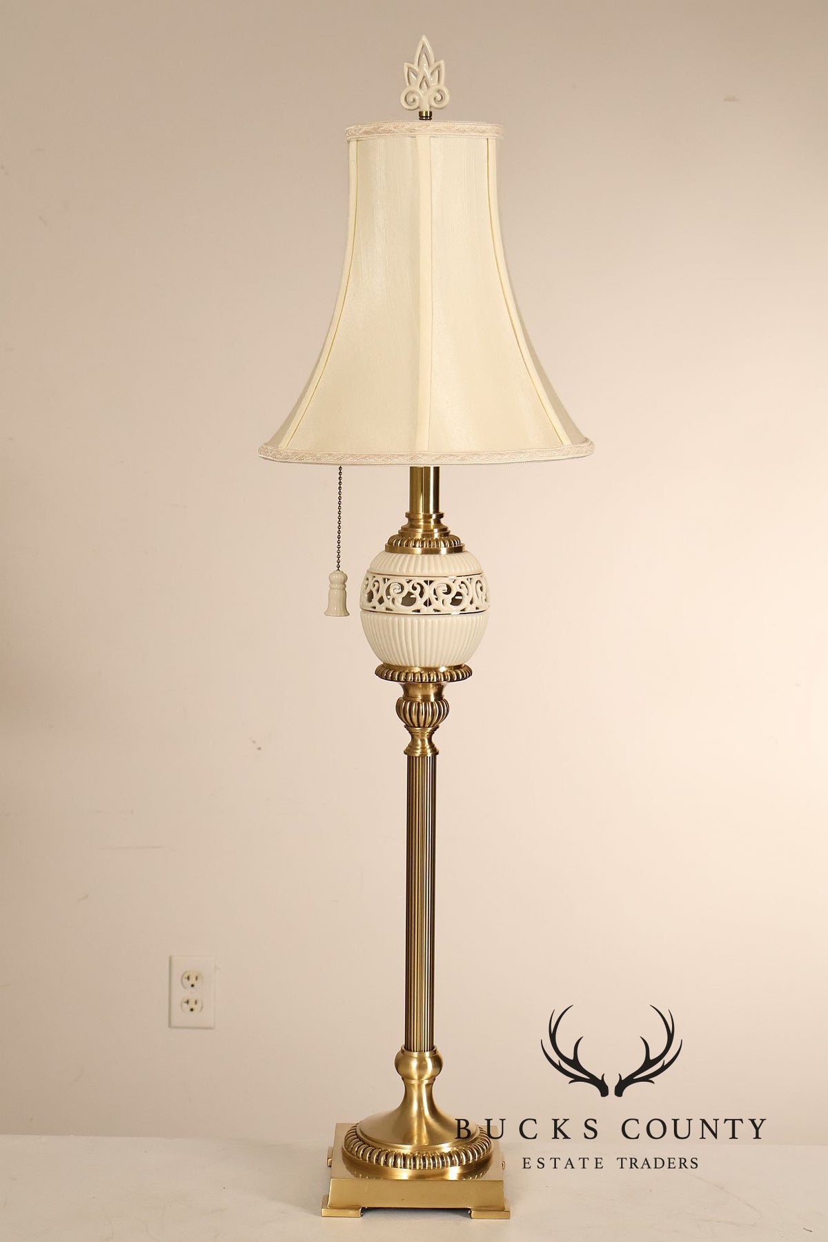 Lenox For Quoizel Pair of Brass and Porcelain Tall Table Lamps