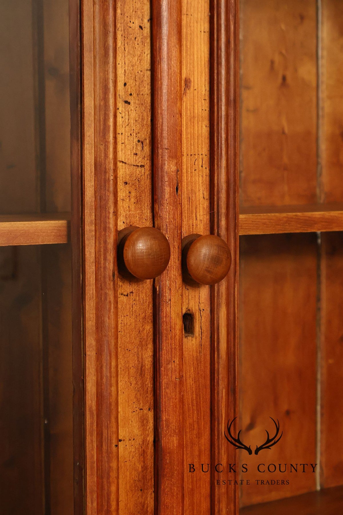 Antique Pitch Pine Four Door Stepback Cupboard With Glass Doors And Drawer