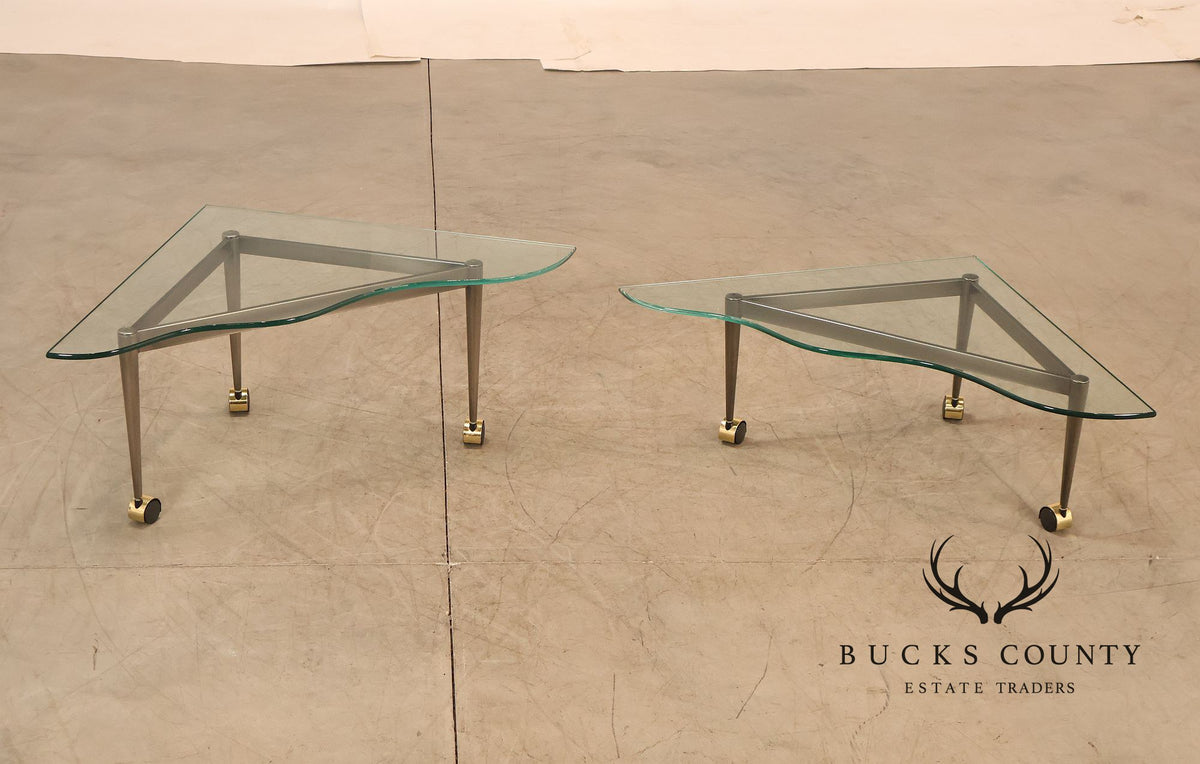 Postmodern Pair Of Triangular Glass Top Coffee Table with Brushed Steel Frame and Brass Casters