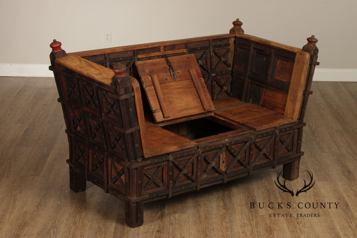 Antique Indian Teak Dowry Chest Settee