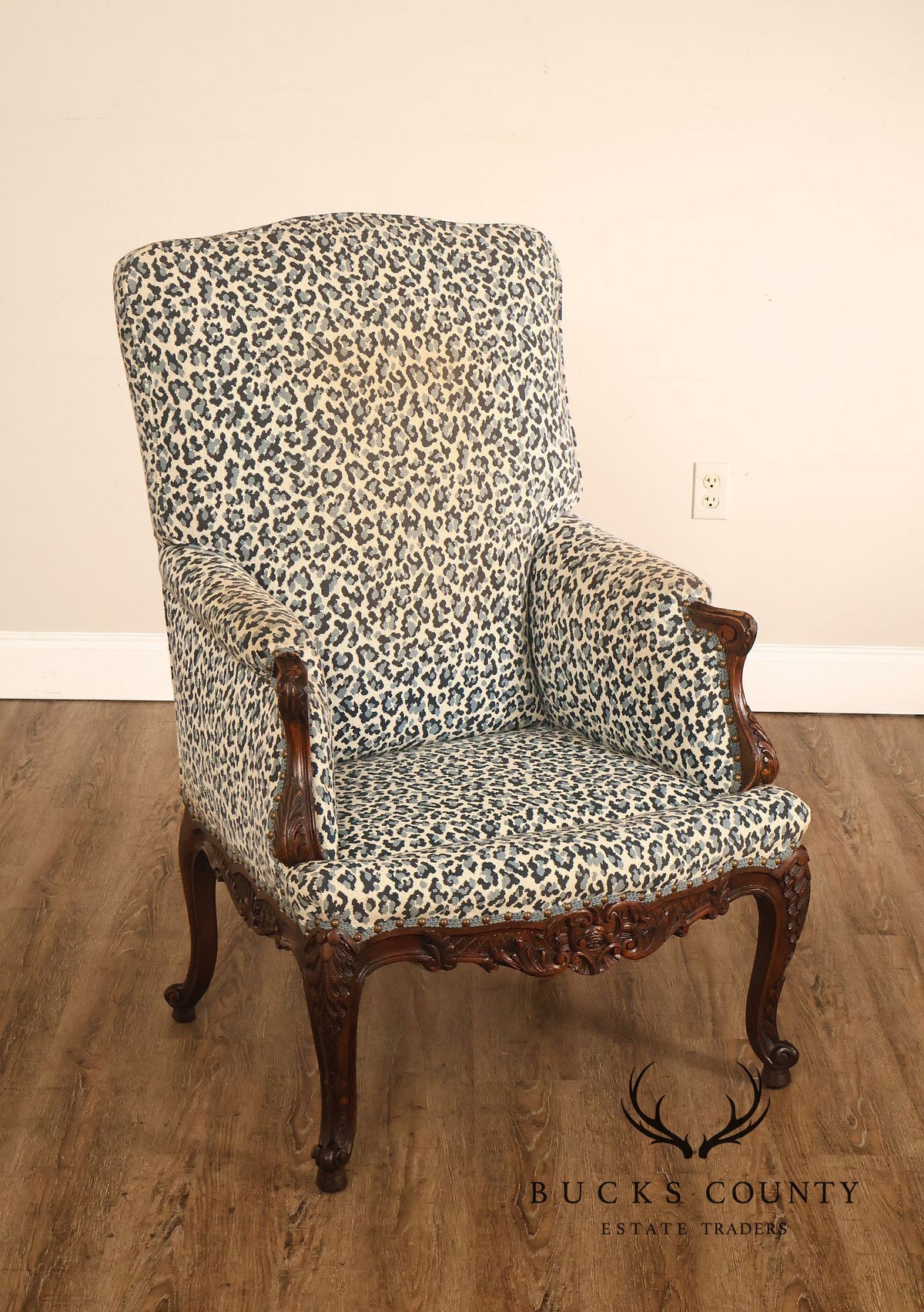 Vintage French Louis XV Style Carved Wood Leopard Upholstered Bergere Armchair