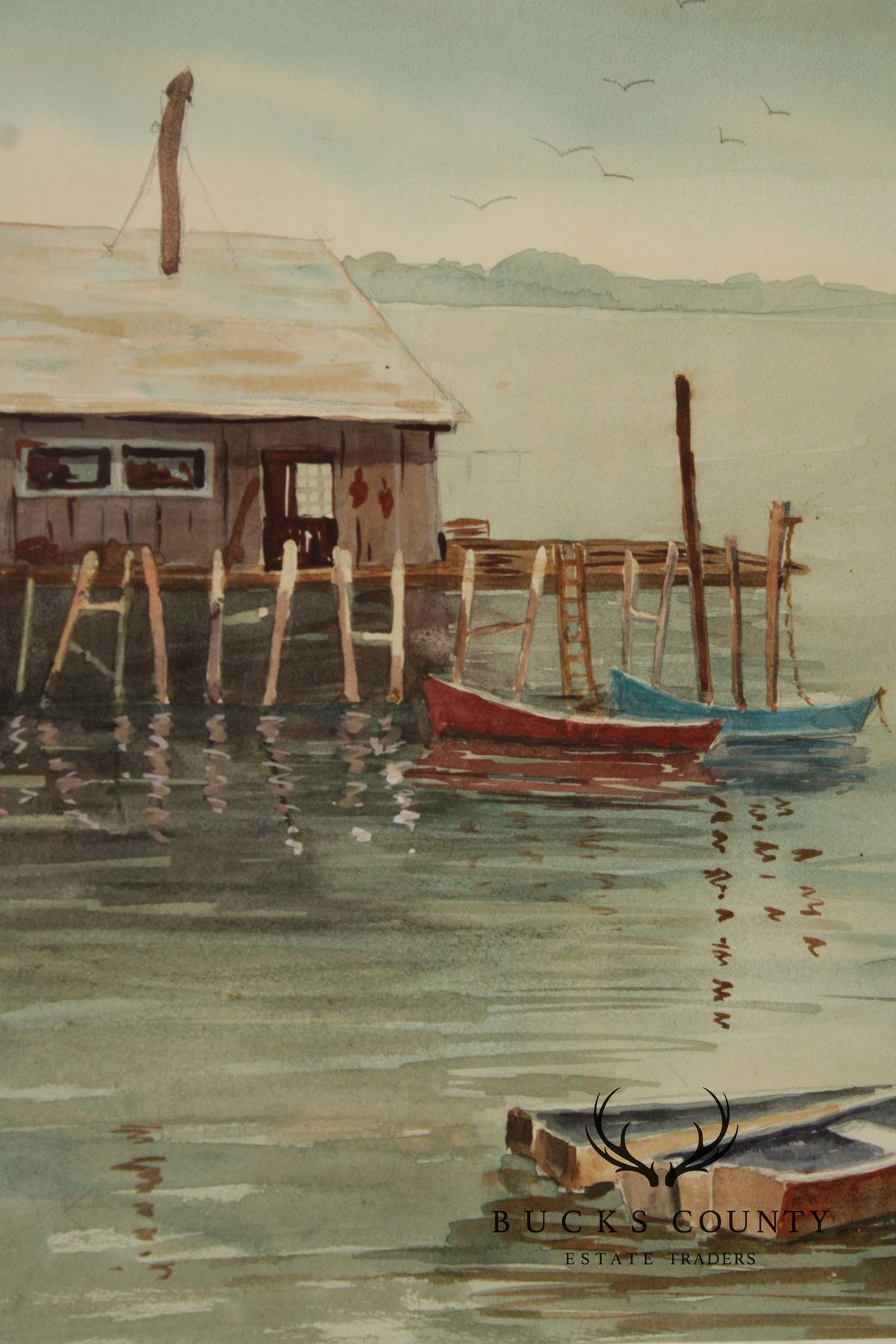 Bertha Ann Stupak Watercolor Painting, Boats in Harbor