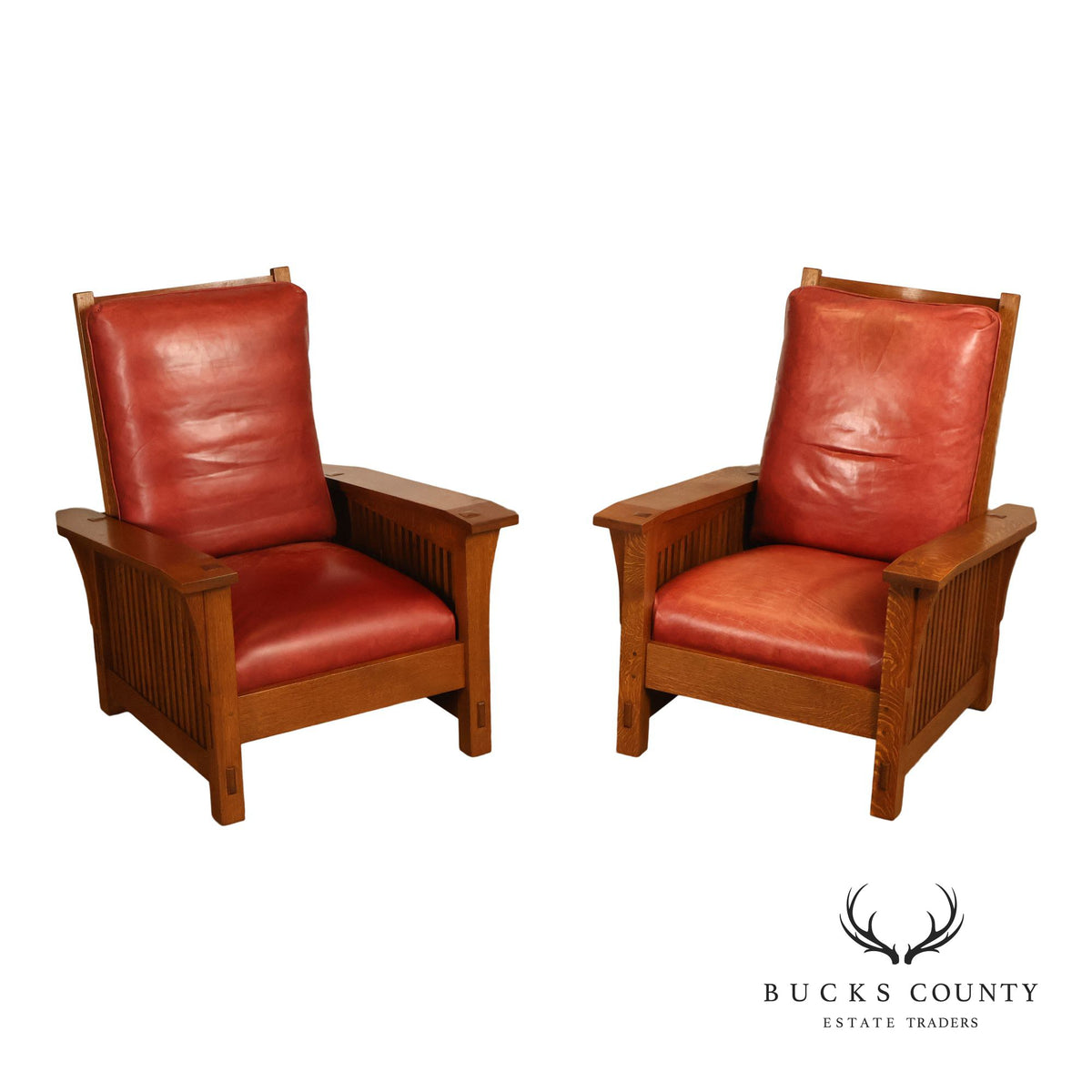 Stickley Mission Collection Pair Of Oak And Leather Morris Chairs