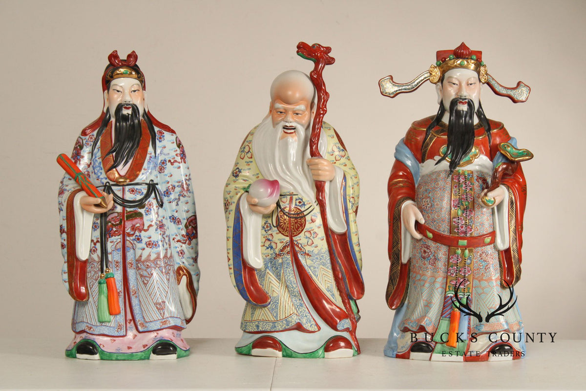 Set Of 3 Chinese Porcelain Fu Lu Shou Immortal Figurines