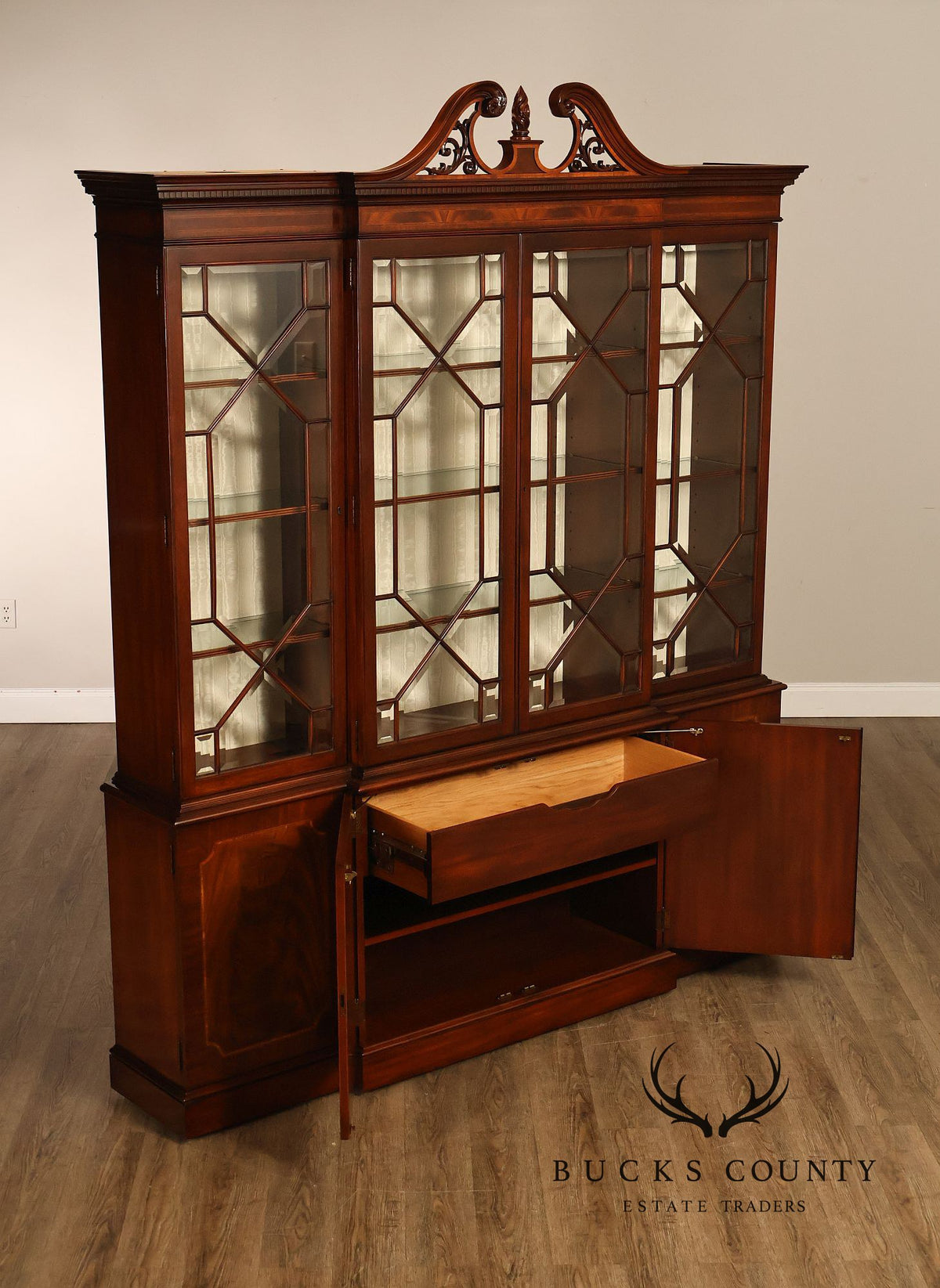 Karges English Style Mahogany Breakfront China Cabinet Display Bookcase with Carved Pediment and Silk Backing